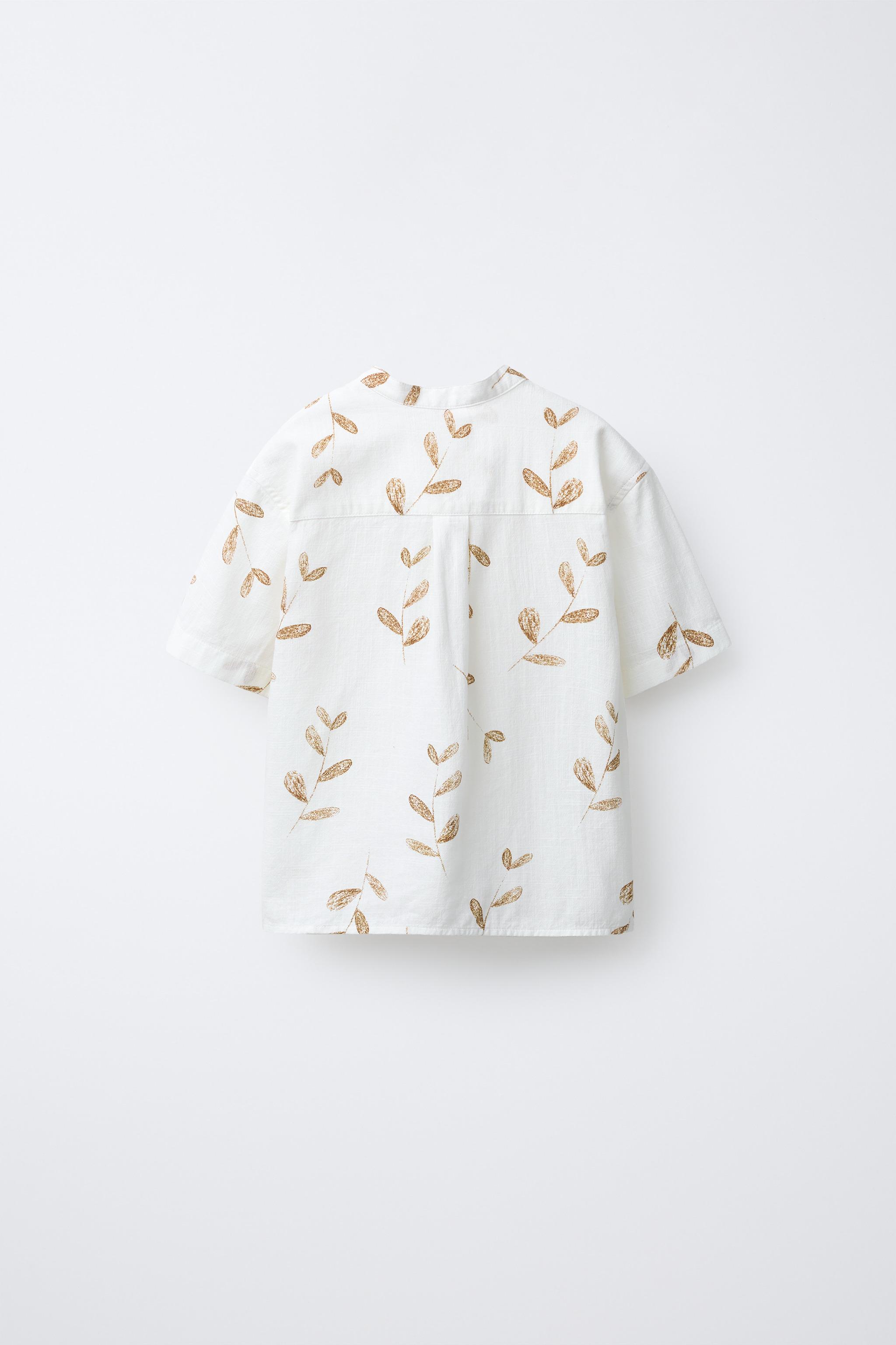 LEAF PRINT MANDARIN COLLAR SHIRT