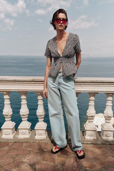 ტოპი კუბოკრული ქსოვილი ალუბლების ნაქარგებით - Zara-ს Black / White