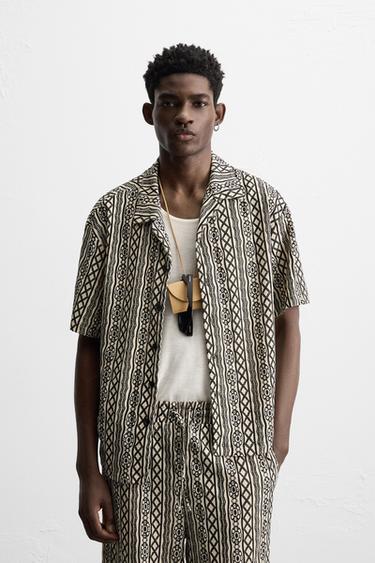 RELAXED FIT PERFORATED JACQUARD SHIRT - Ecru / Black by Zara
