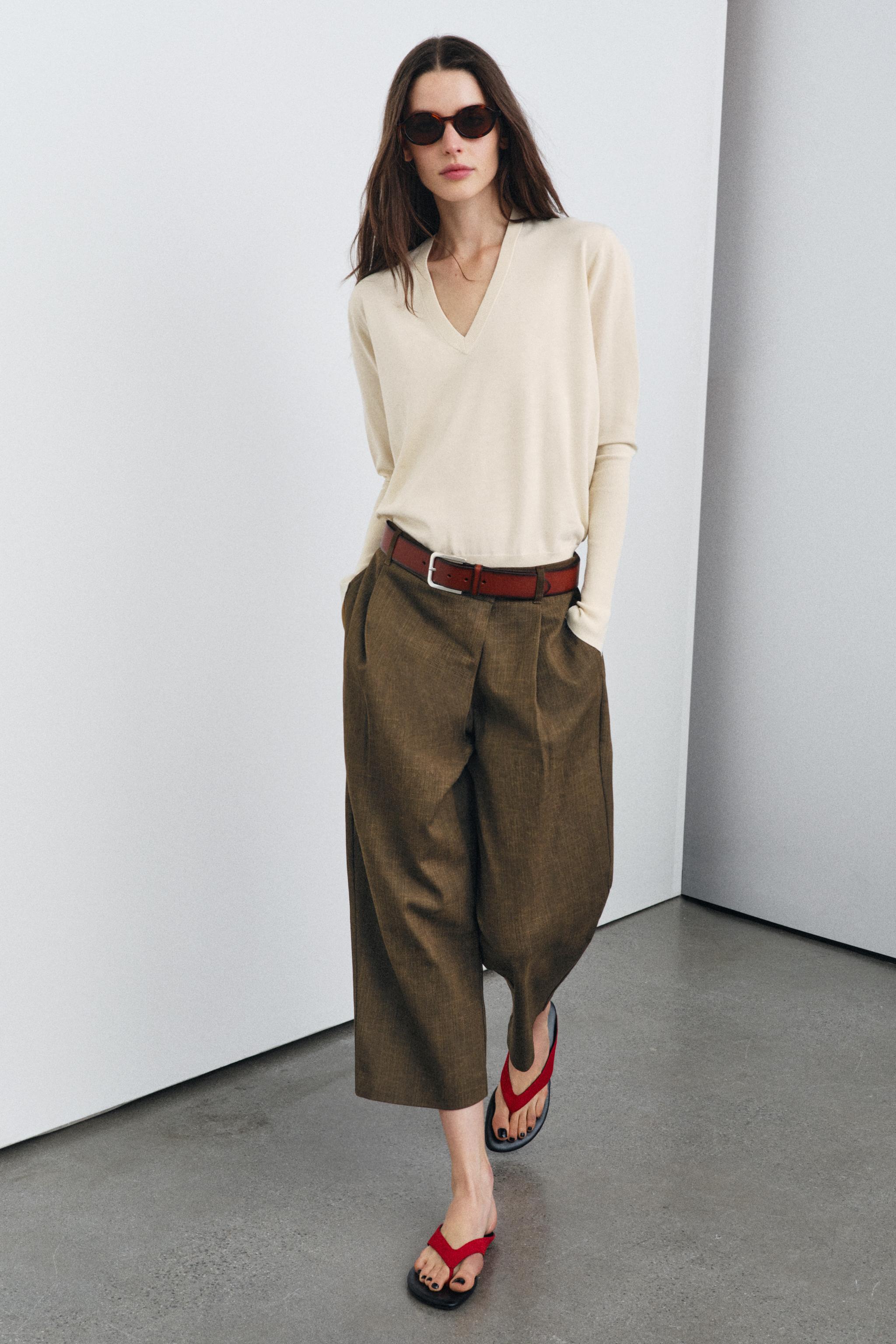 ZW COLLECTION PLEATED CROPPED PANTS - Khaki | ZARA United States