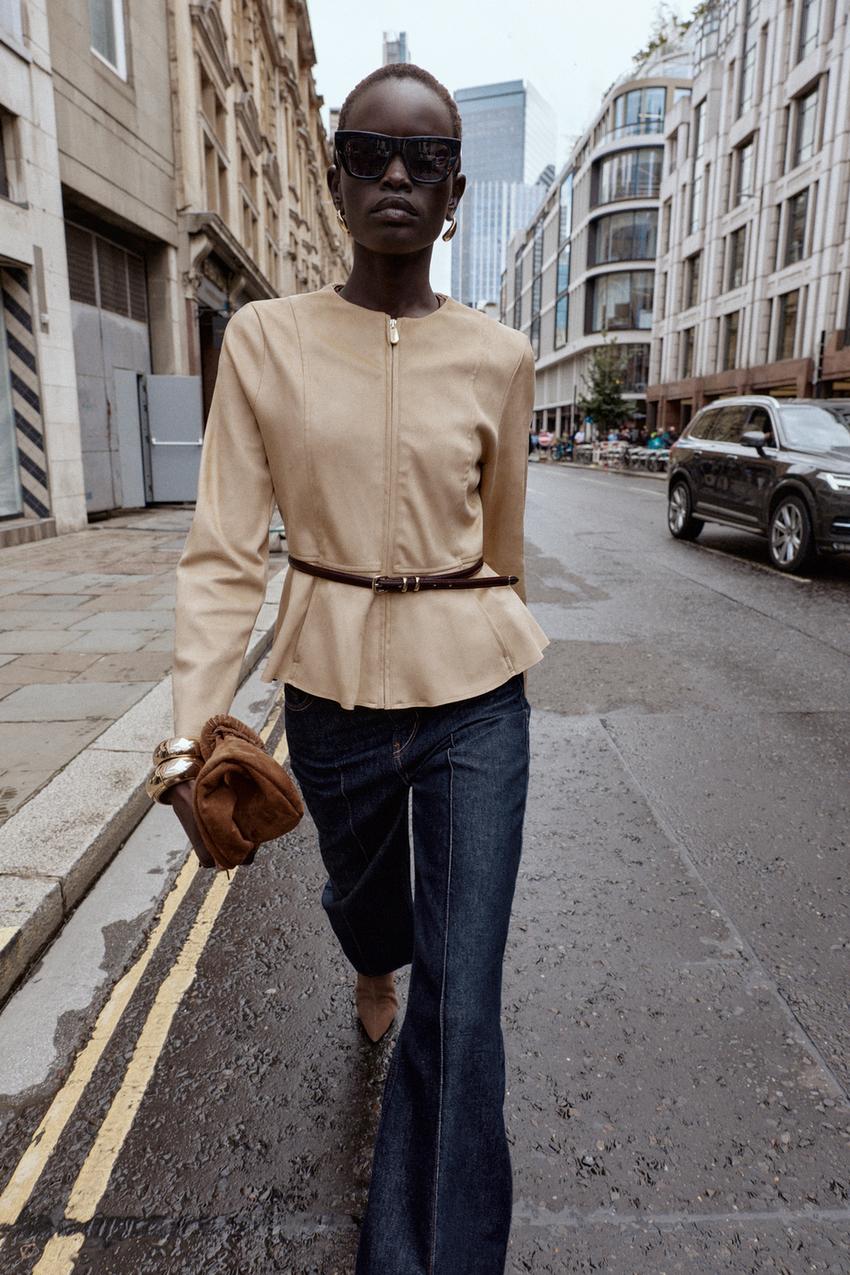 FAUX SUEDE BELTED PEPLUM JACKET