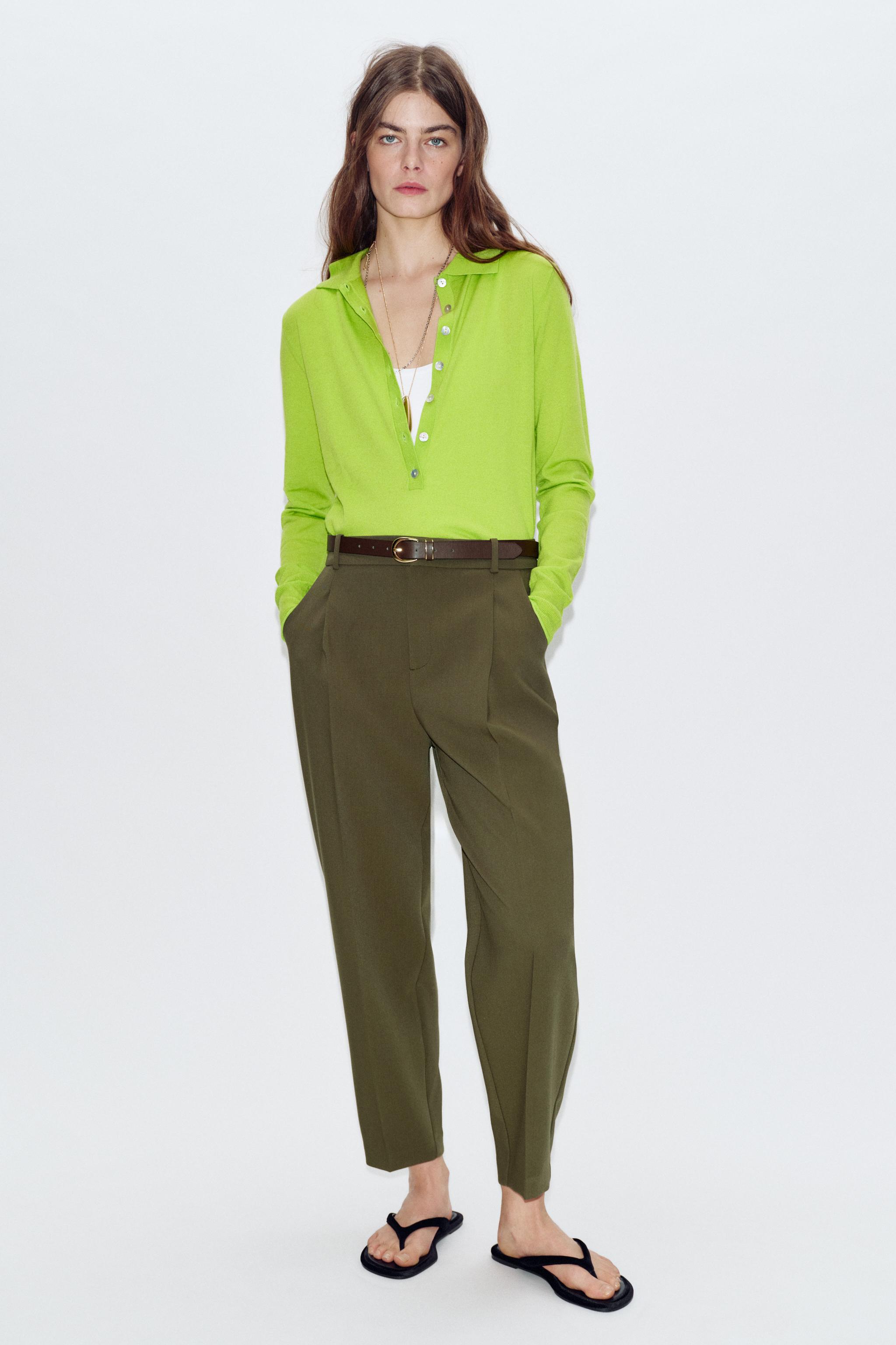 CROPPED TROUSERS WITH DARTS AND BELT — Khaki