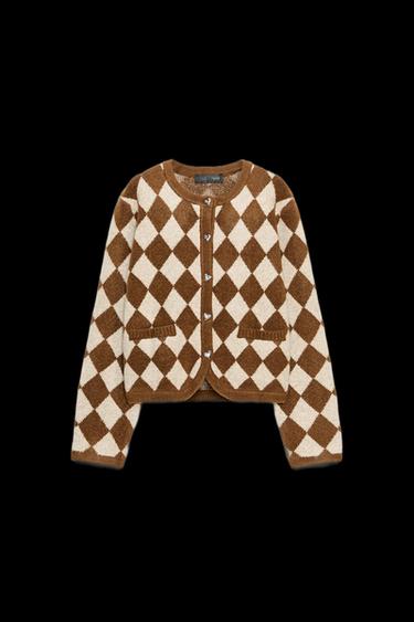 JACQUARD-STRICKJACKE MIT RAUTENMUSTER - Cremefarben / Braun von Zara - Bild 0