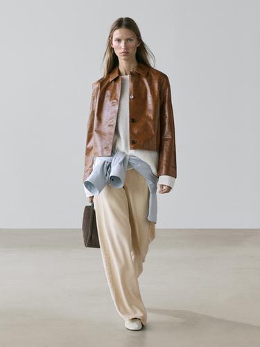 Zara Cropped nappa leather jacket - Dark mink