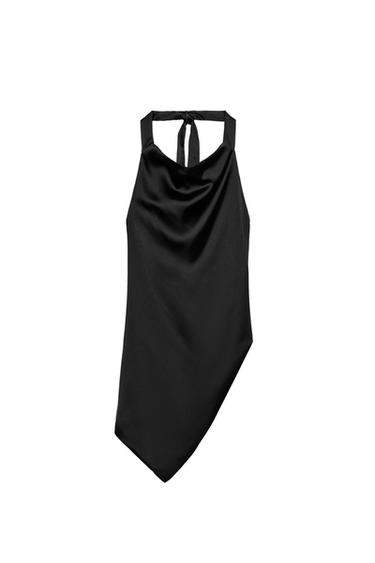 Zara ASYMMETRIC SATIN HALTER TOP - Black