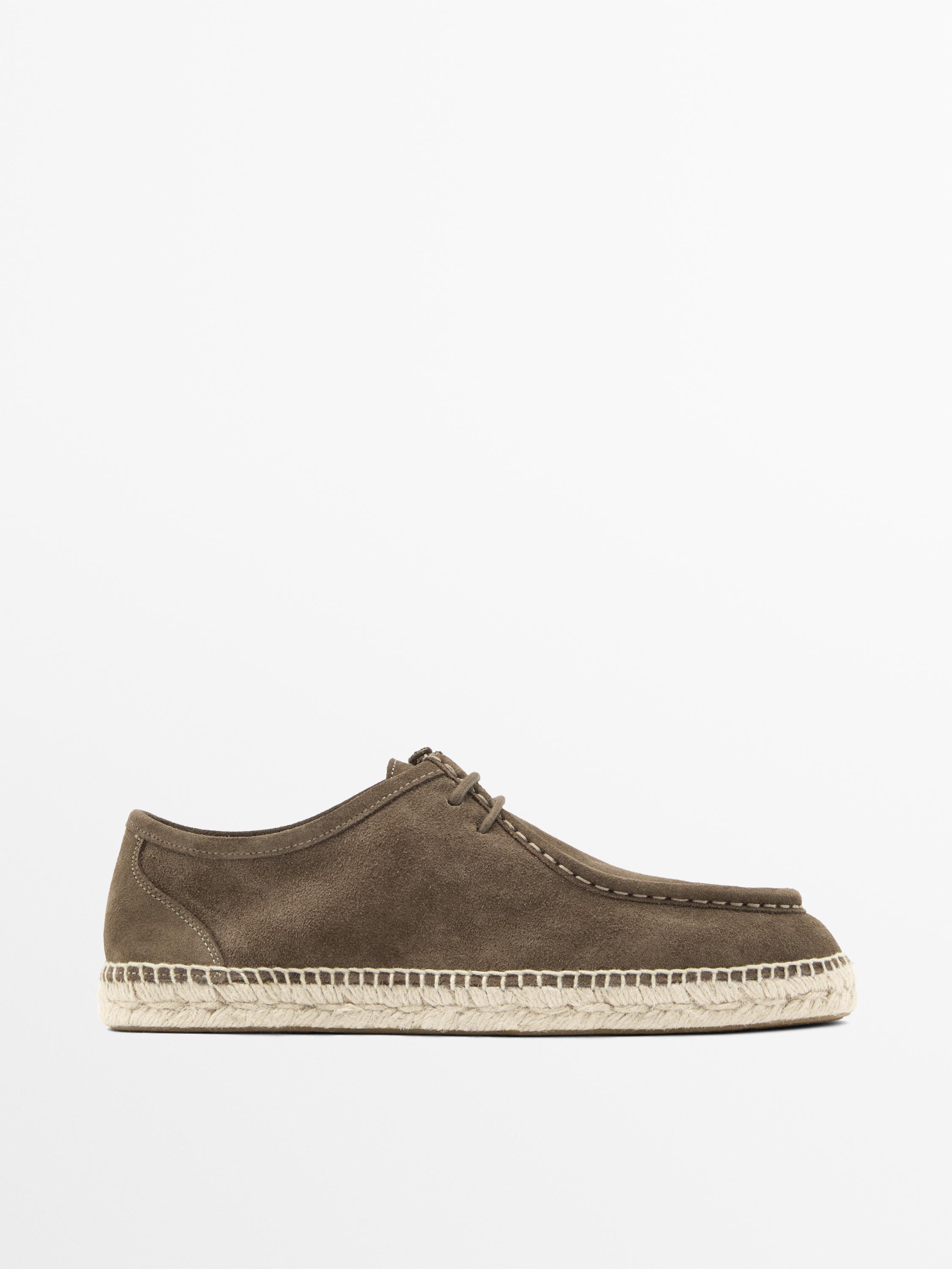 Split leather shoes with moc toe and jute sole — Gray