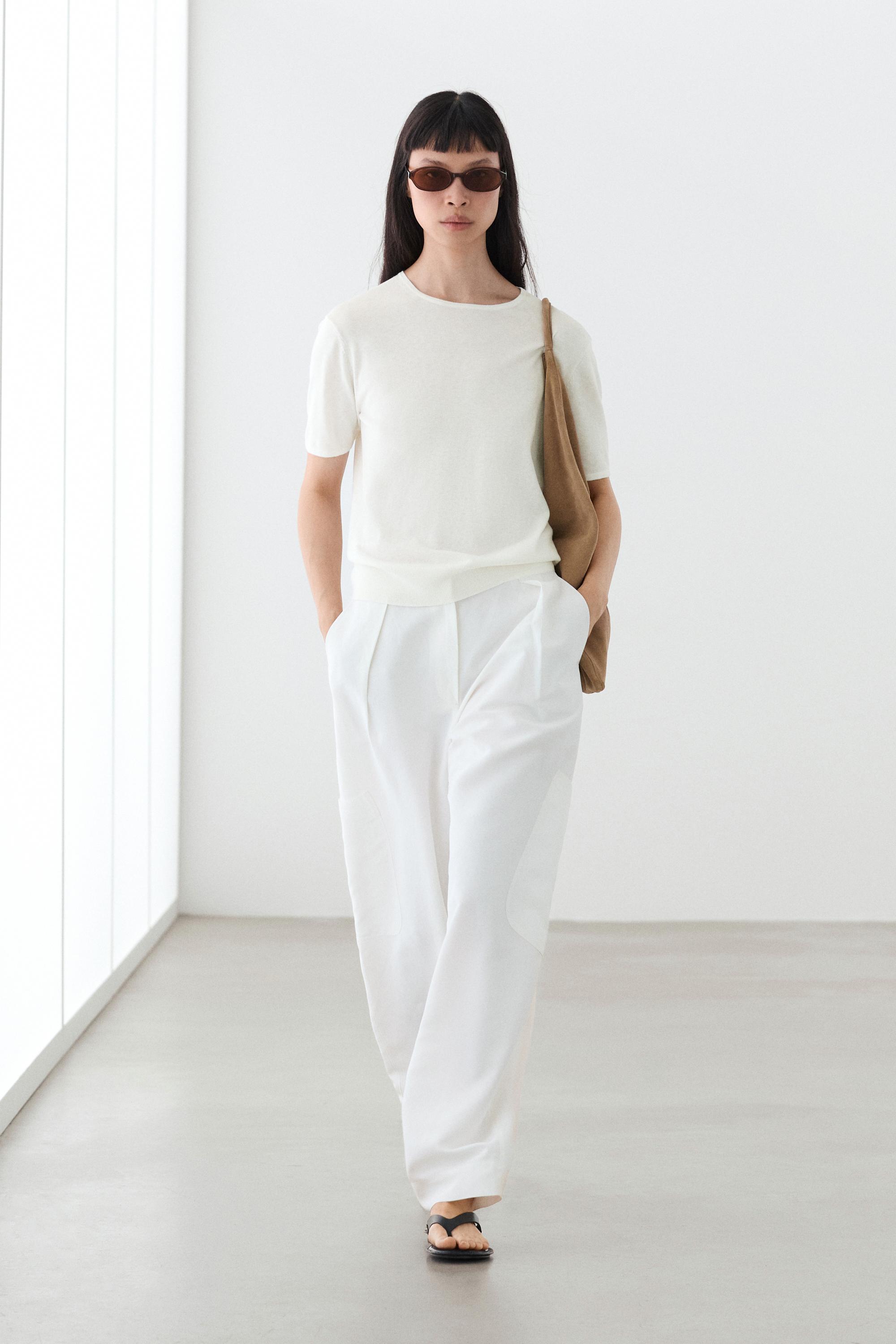 Cotton blend knit short-sleeve sweater — Ecru