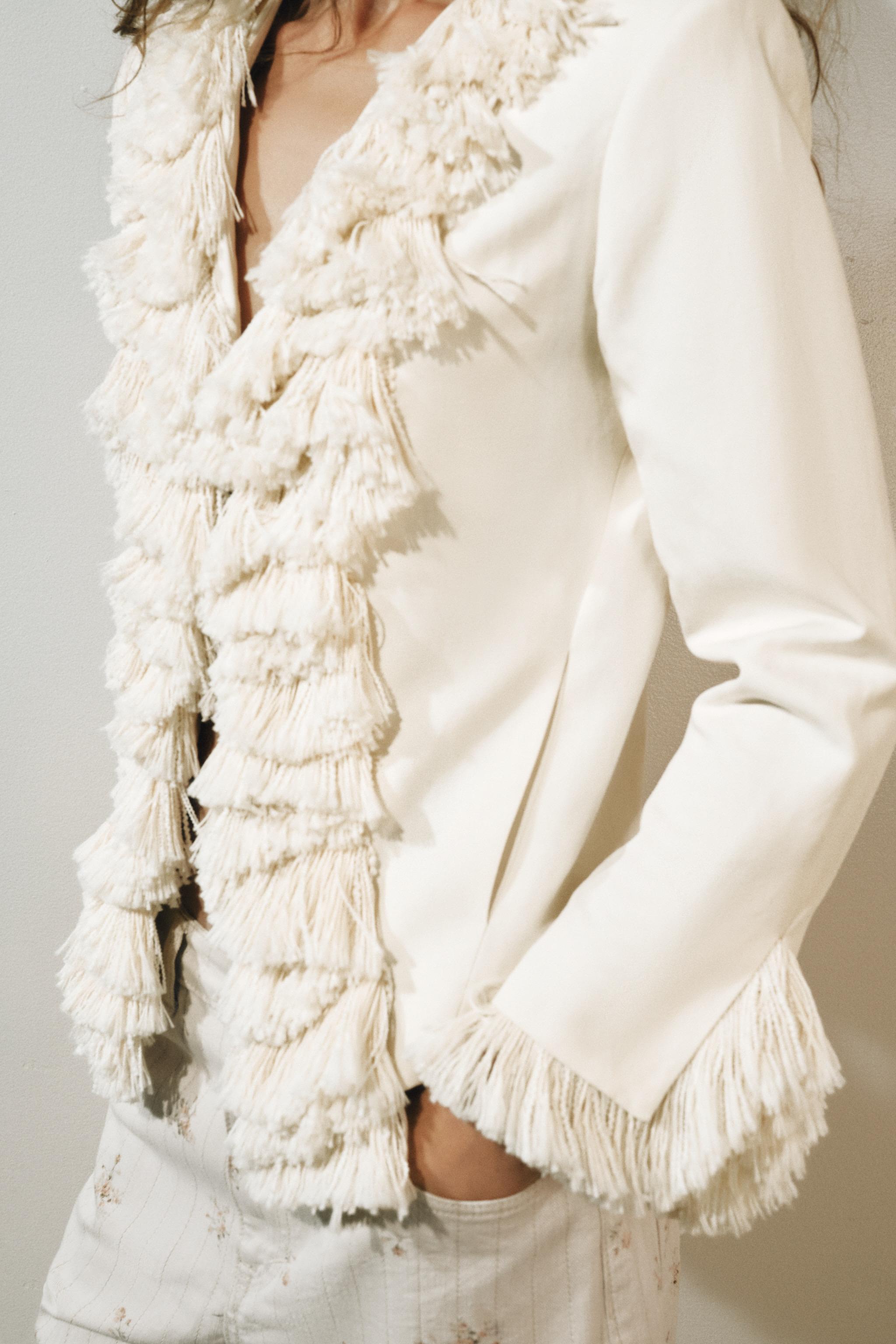 LINEN BLEND FRINGE JACKET ZW COLLECTION — Ecru