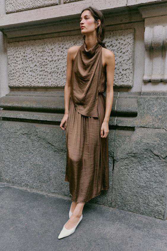 SATIN MIDI DRESS - Brown by Zara - Image 0
