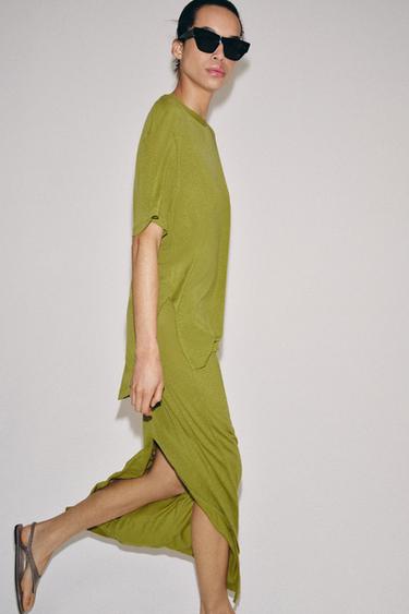 Zara LONG FLOWY SKIRT - Fluorescent lime