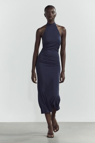 LONG HALTER NECK GATHERED DRESS - Blue by Zara