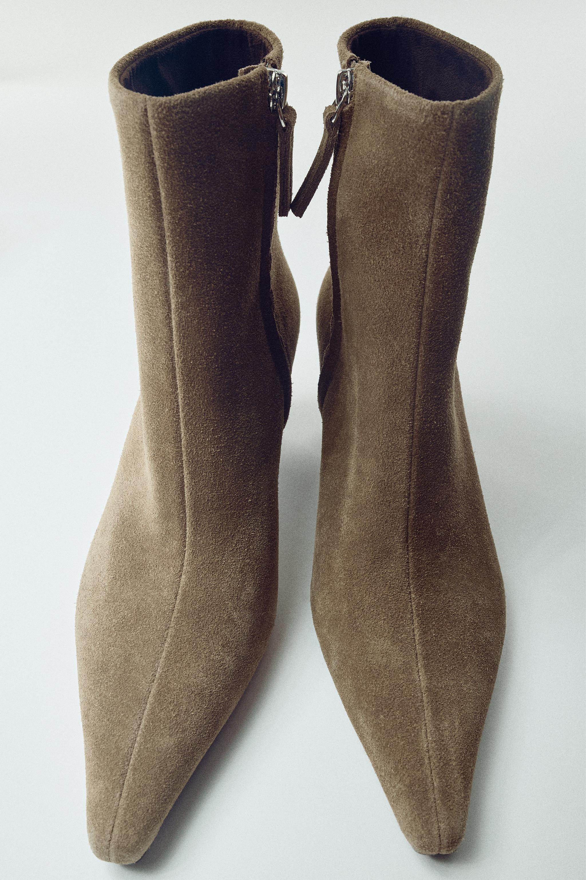 SPLIT SUEDE KITTEN-HEEL ANKLE BOOTS — Taupe Grey