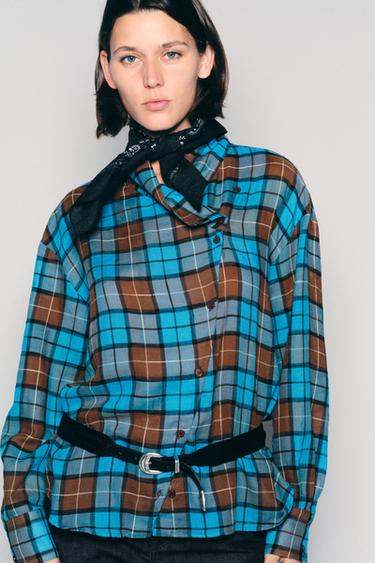 Zara PLAID WRAP SHIRT - Brown-Blue