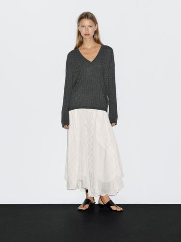 Zara V-neck cable-knit sweater - Gray - Image 0