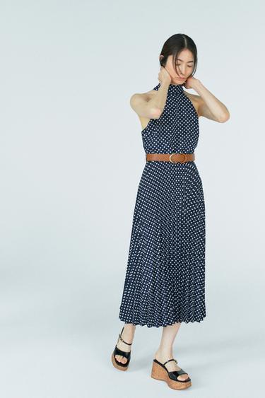POLKA DOT HALTER MIDI DRESS WITH BELT - Navy blue by Zara