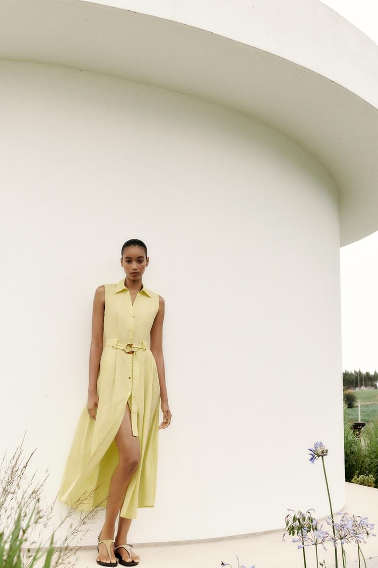 Vestido Mono Popelin Zara VESTIDO MIDI POPELÍN CINTURÓN Amarillo ZARA España