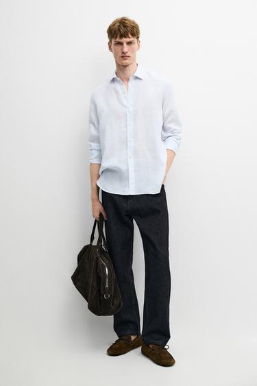 Zara Striped slim fit linen shirt - Green stripe - Image 0