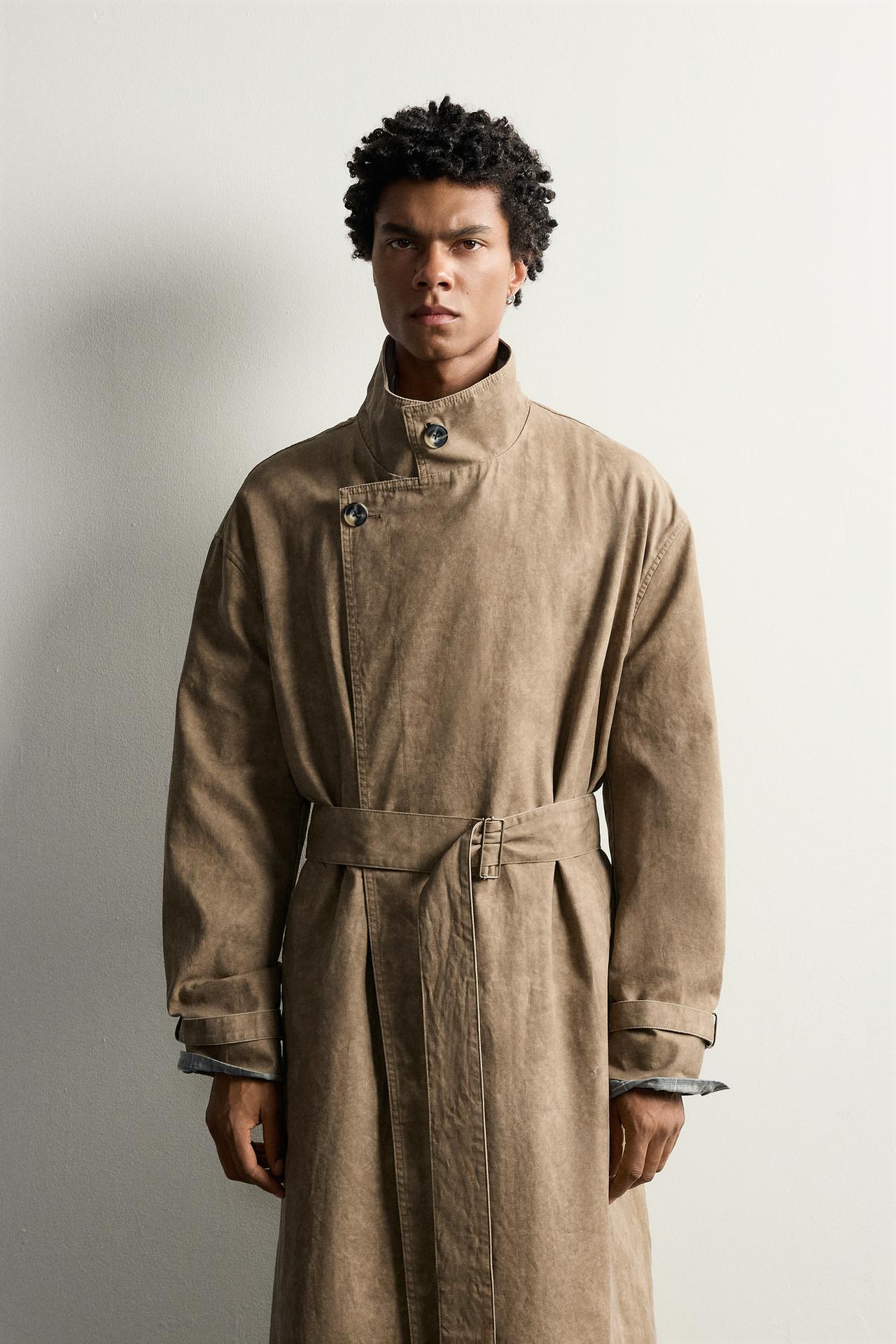 WASHED EFFECT RELAXED FIT TRENCH COAT — taupe brown