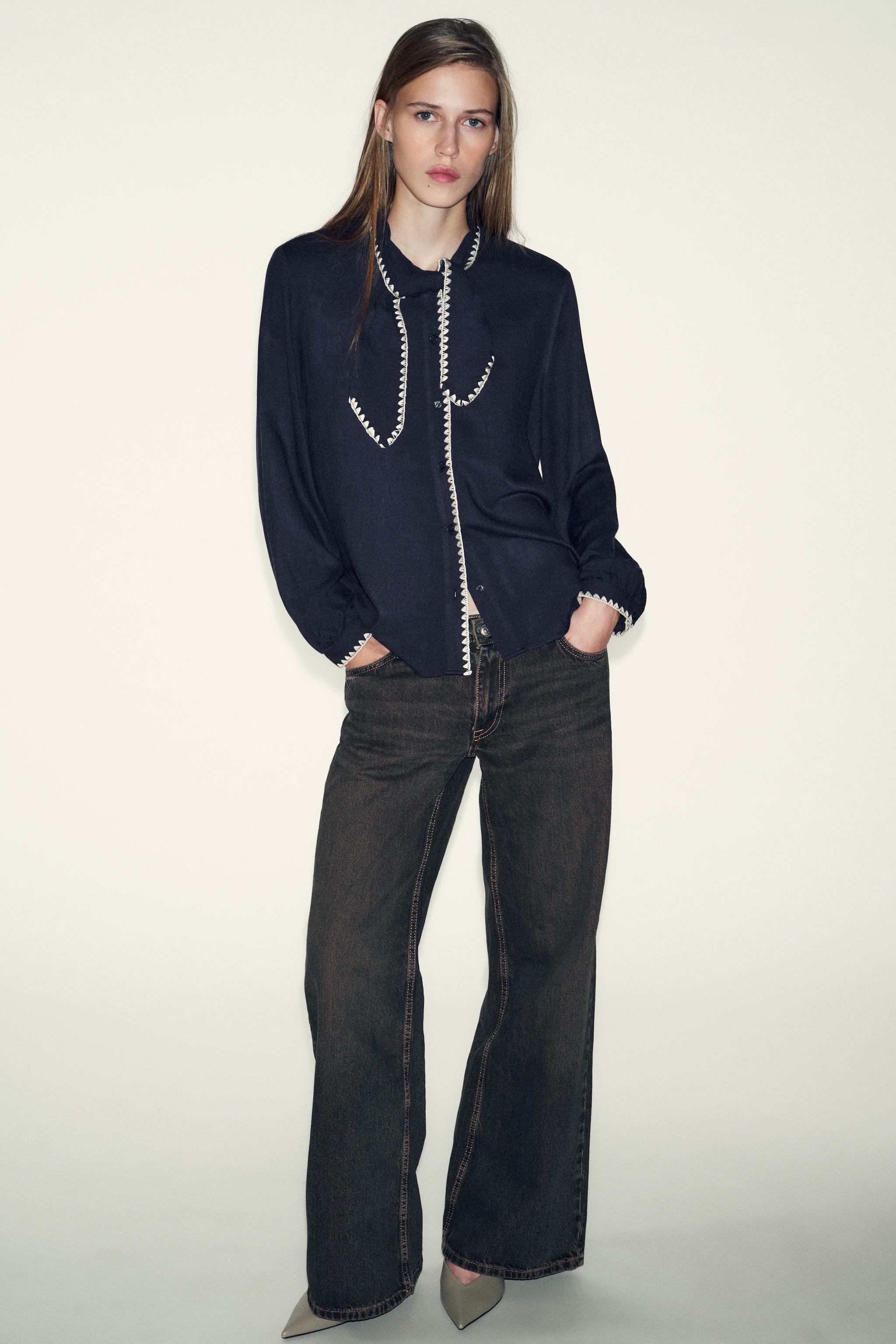 CONTRAST TOPSTITCHING TIE BLOUSE