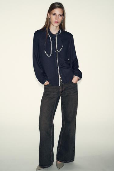 BLOUSE WITH TIE AND CONTRAST TOPSTITCHING - Blue by Zara