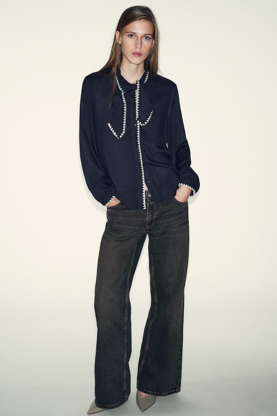 CONTRAST TOPSTITCHING TIE BLOUSE