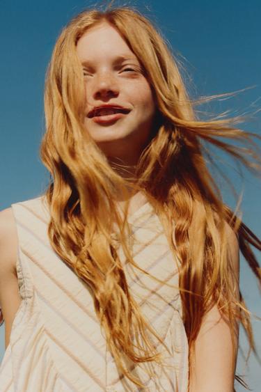 ČRTASTA OBLEKA - Ekru barva / Modra od Zare