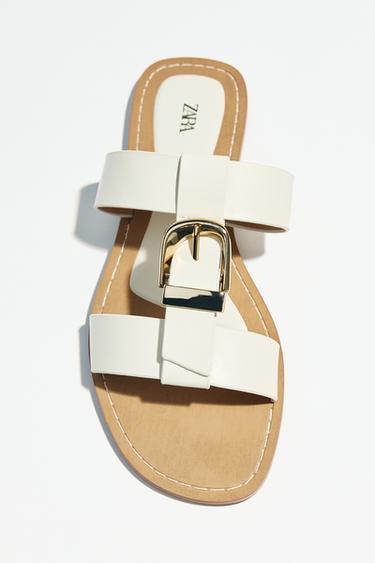 Zara DOUBLE STRAP BUCKLE FLAT SANDALS - white