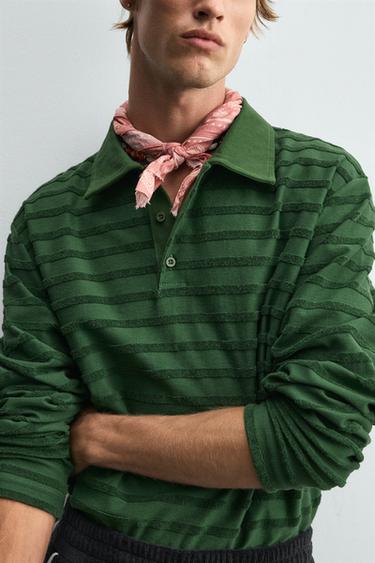 STRIPED JACQUARD TOWELLING POLO SHIRT - Green by Zara - Image 5