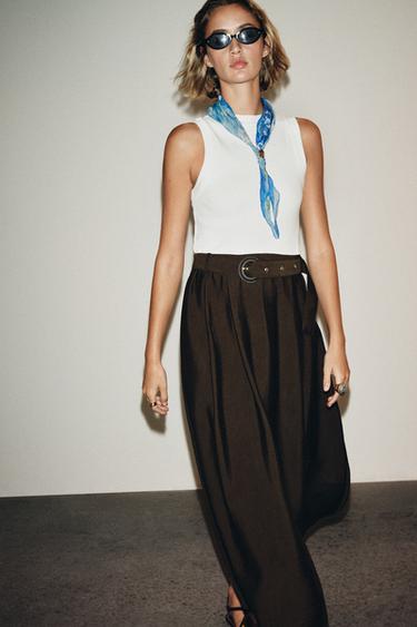 BELTED CONTRAST MIDI DRESS - brown/white by Zara - Image 2