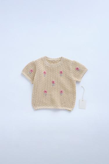 Zara ZARA TIMELESS - EMBROIDERED FLORAL KNIT T-SHIRT - Light khaki - Image 0