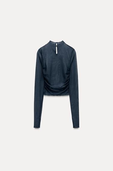 PRINTED HIGH NECK TOP - Dark navy by Zara - Image 0