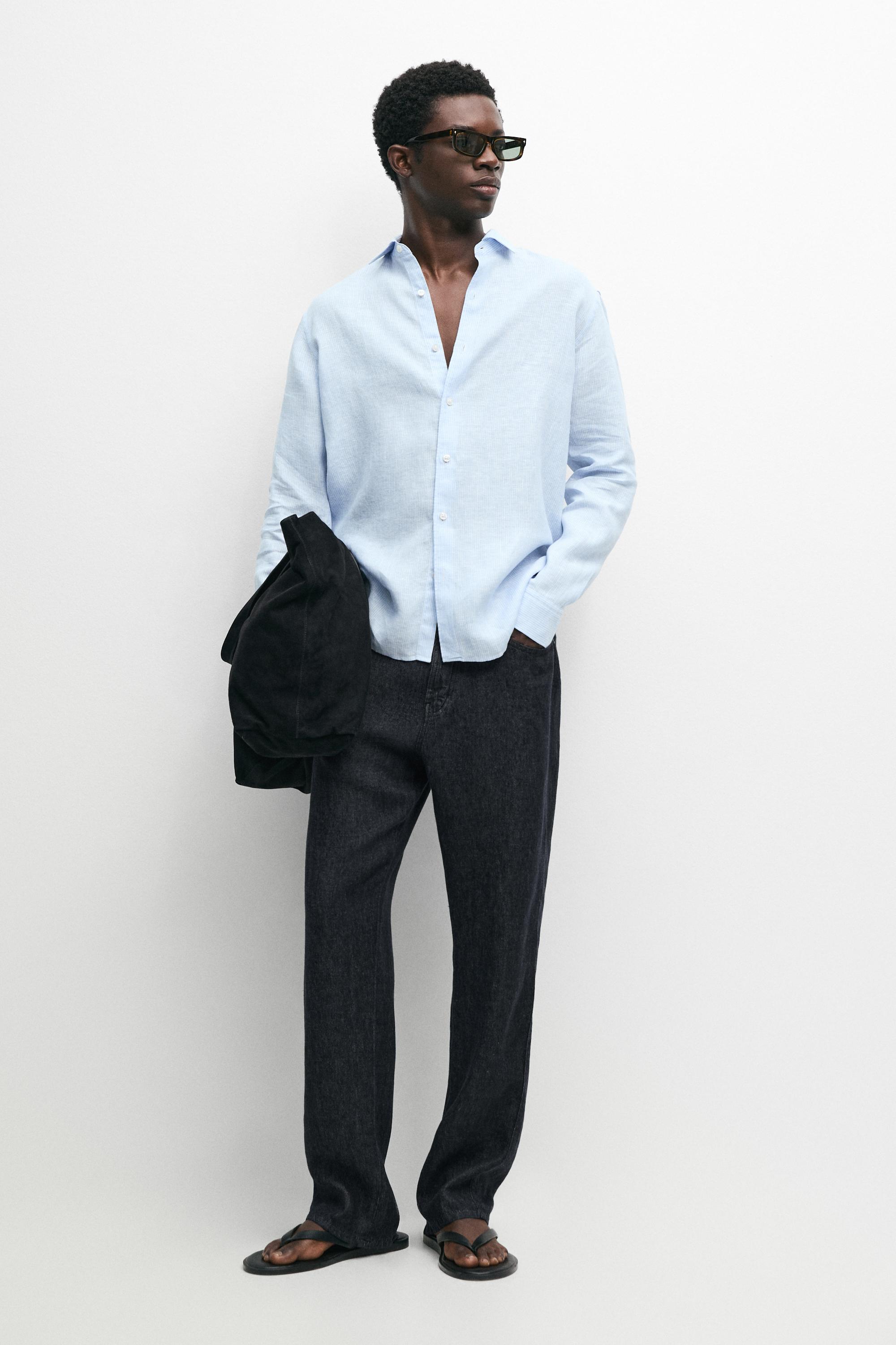 Regular fit striped melange linen shirt - Sky blue | ZARA United