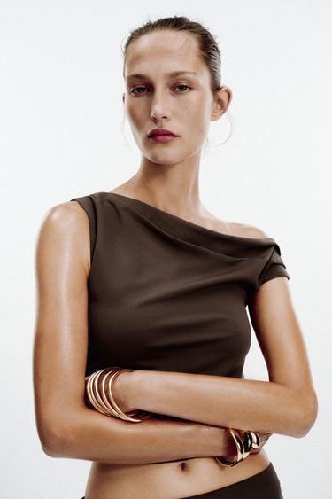 Zara ASYMMETRIC TEXTURED TOP - Brown