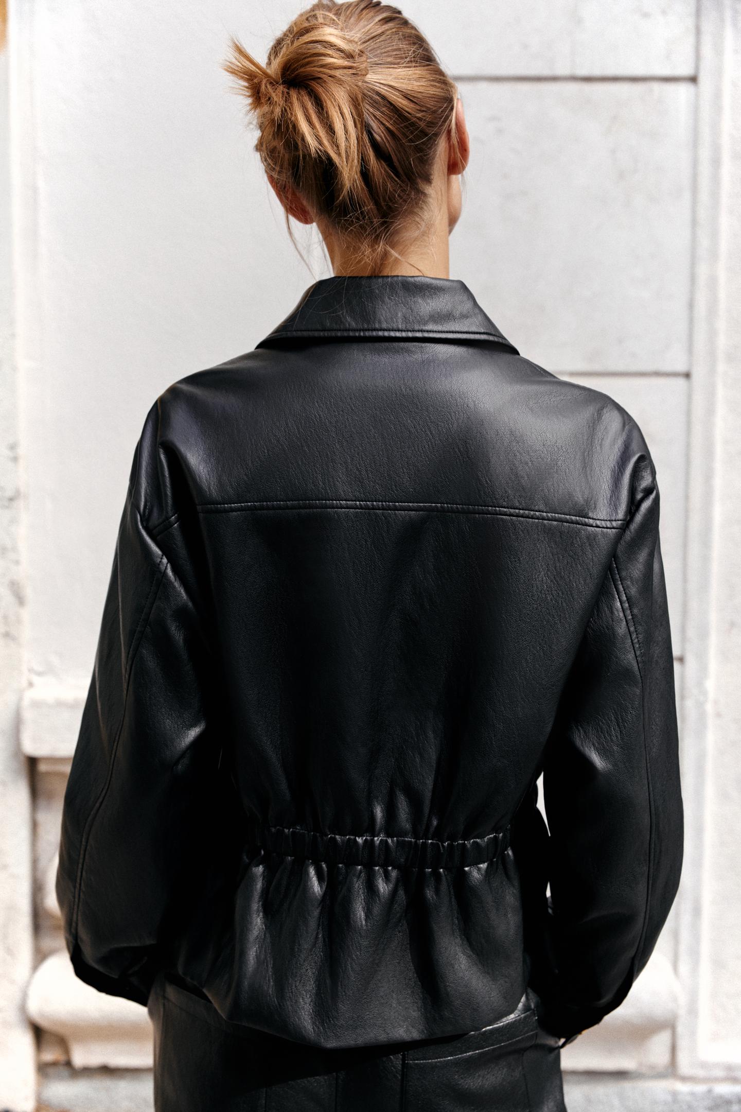 Женская куртка Zara Faux Leather Jacket with Elasticized Waist, цвет: Чёрный — фото 4