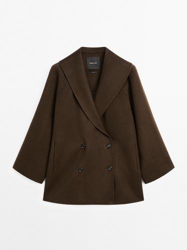 Abrigo cruzado cuello smoking mezcla lana - Verde gris de Zara