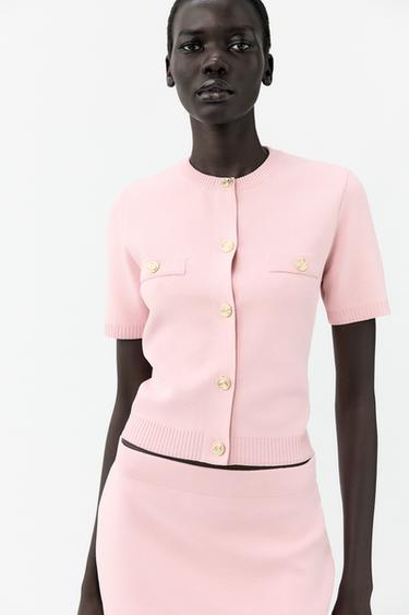 CARDIGAN I STRIK MED KORTE ÆRMER - pastel rosa fra Zara