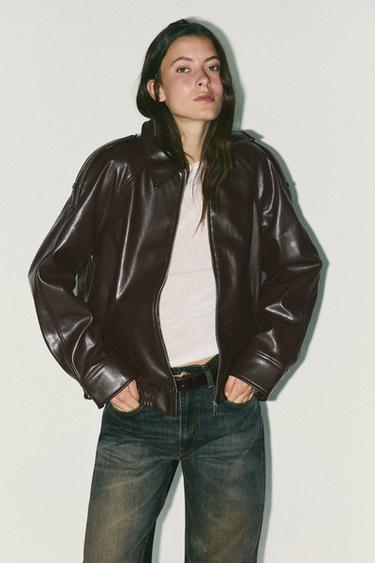 FAUX LEATHER BOMBER JACKET - Chocolate by Zara