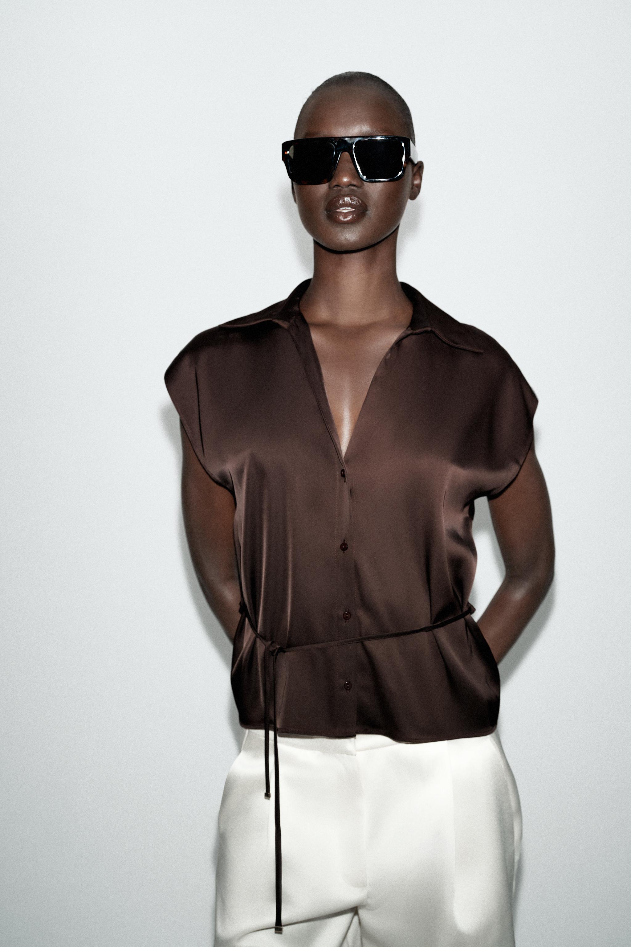 BELTED SATIN EFFECT SLEEVELESS SHIRT — Brown
