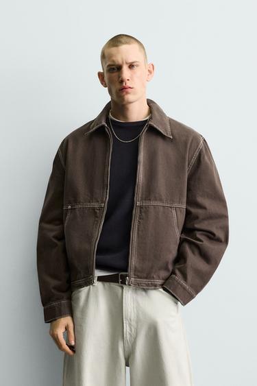 BOXY FIT JAKKE MED KONTRASTSTIKNINGER - Brun fra Zara