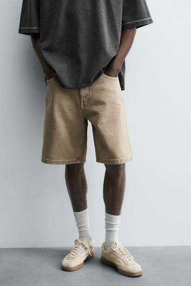 Zara STRAIGHT FIT DENIM SHORTS - Beige