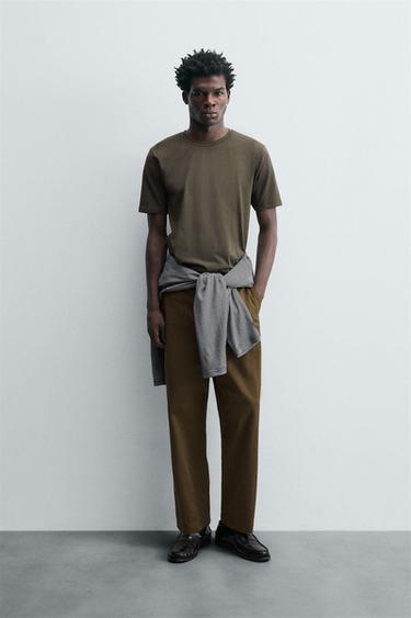 Zara BASIC SLIM FIT T-SHIRT - Khaki