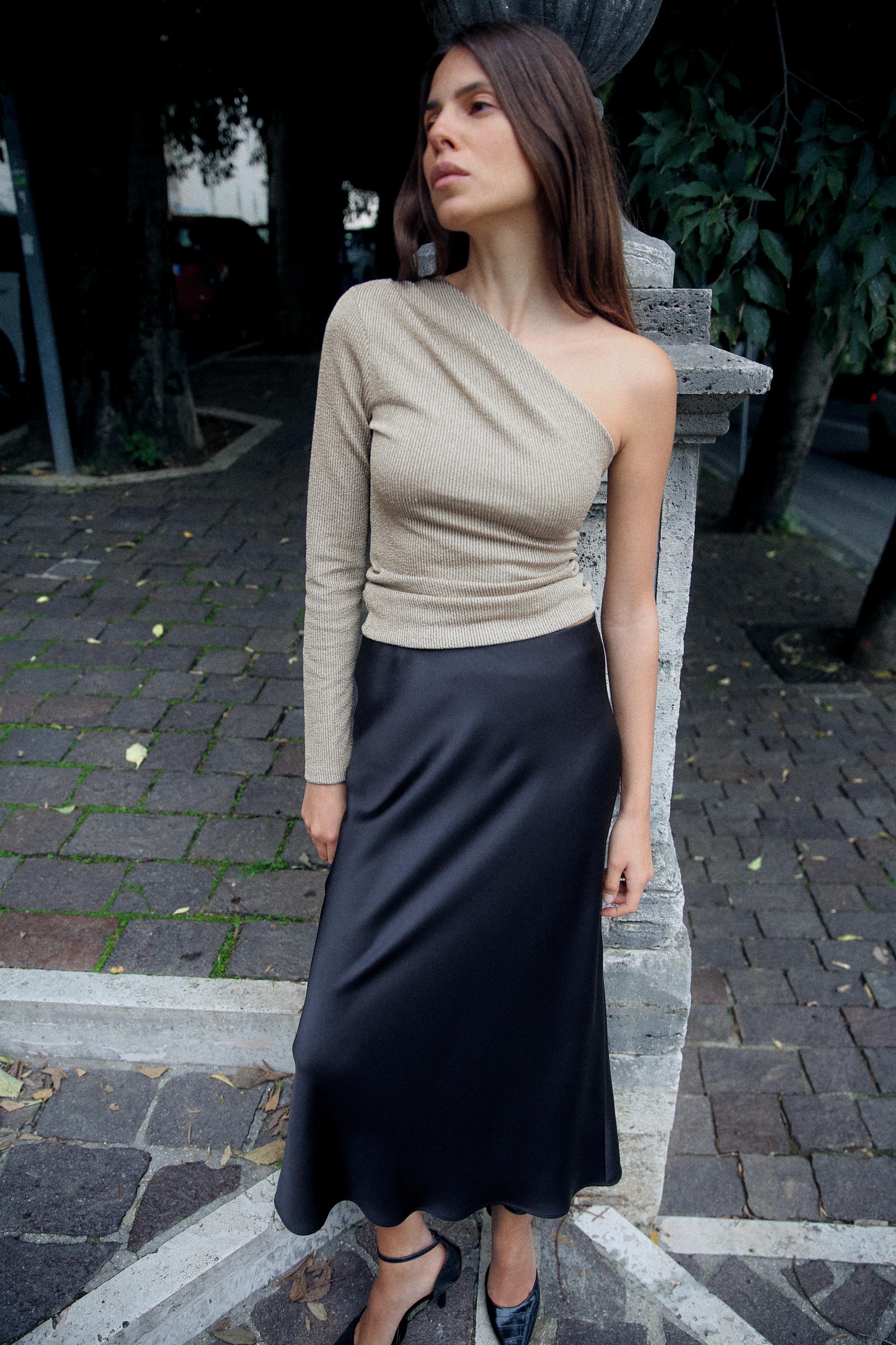 Black satin midi skirt zara hotsell