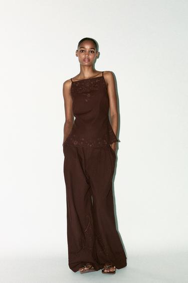 Zara EMBROIDERED PANTS - Brown
