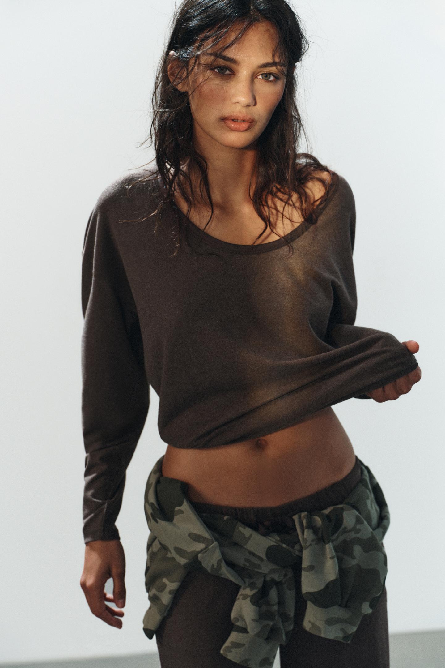 Женская футболка Zara Soft Oversize, цвет: Коричневый — фото 2