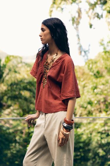 LACE TRIM LINEN BLEND TOP - Terracotta by Zara - Image 1