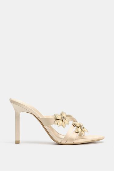 HEELED SANDALS WITH SHINY FLOWERS - Ecru by Zara
