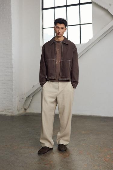 CONTRAST TOPSTITCHING BOXY JACKET - Brown by Zara