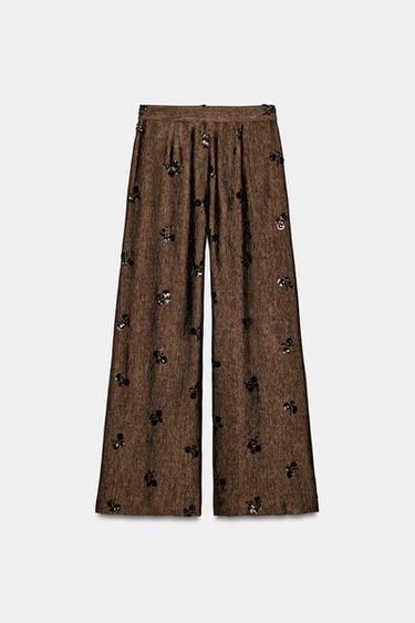 PANTALON LARGE PAILLETTES - Marron de Zara - Image 6