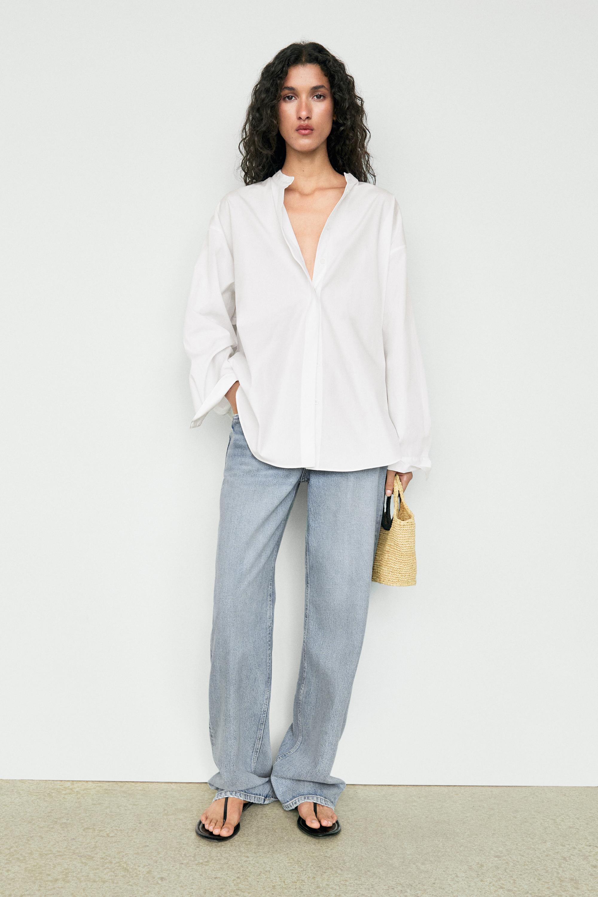 Poplin shirt with stand collar