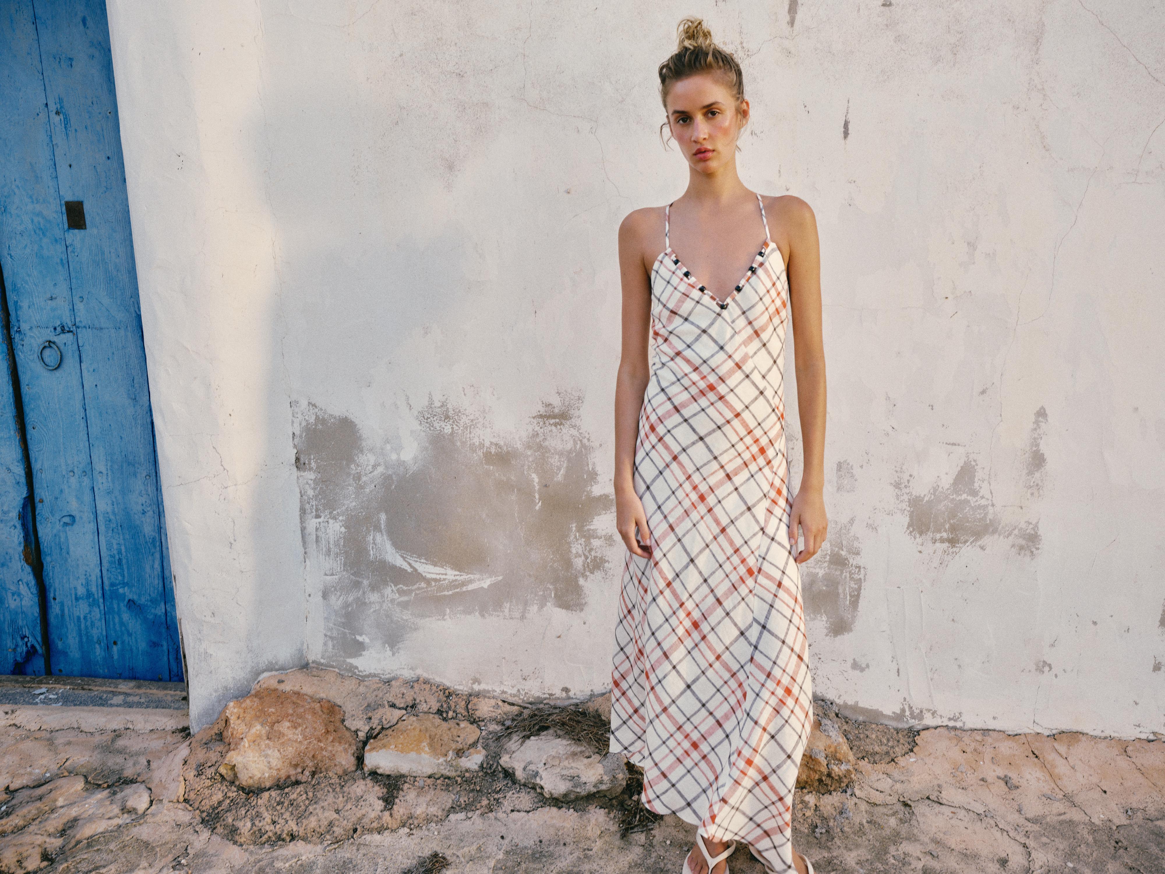 PLAID LINEN BLEND MIDI DRESS